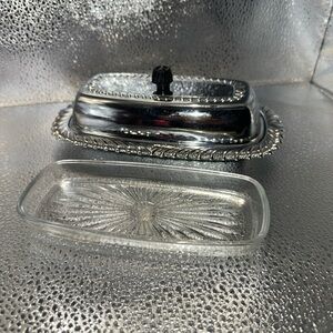 Antique Irvinware Silverplate Finish Butter Dish‎ with Lid and glass dish